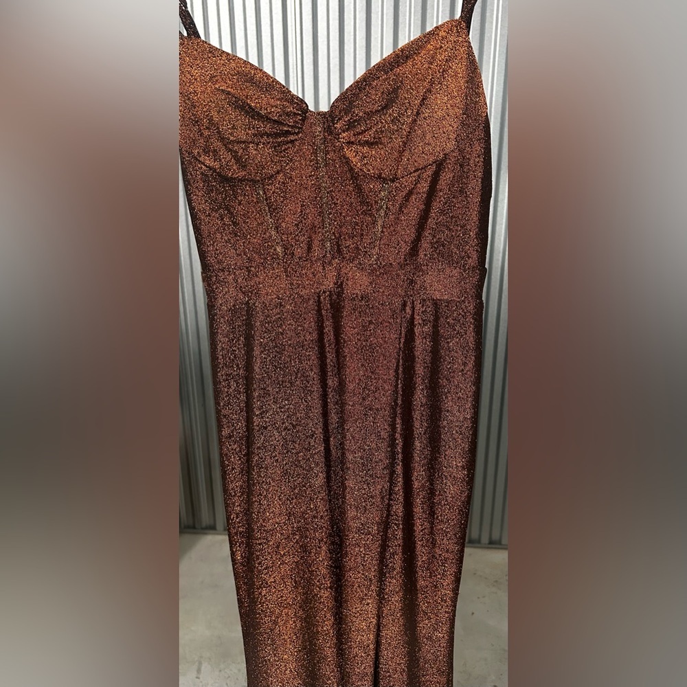 Women’s Jules & Cleo Design Nylon Metallic Spandex Orange Formal Maxi Slit Dress - Picture 8 of 9